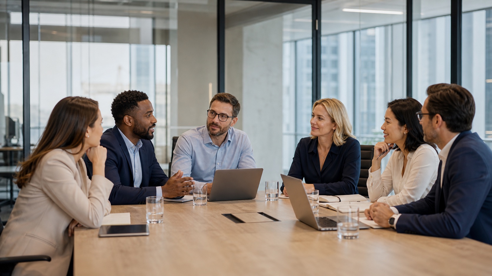 Six business professionals in a bright conference room discussing a project