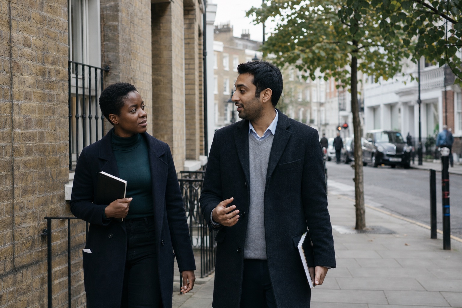 Two professionals walking through London while discussing their work