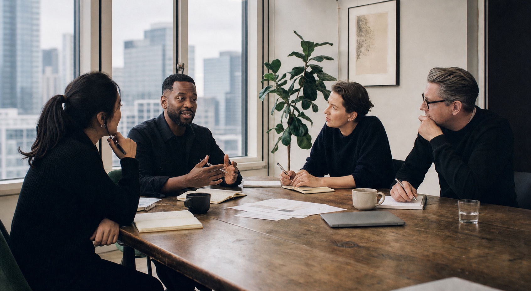 A group of colleagues in a focused working session, listening as one colleague speaks with a warm smile
