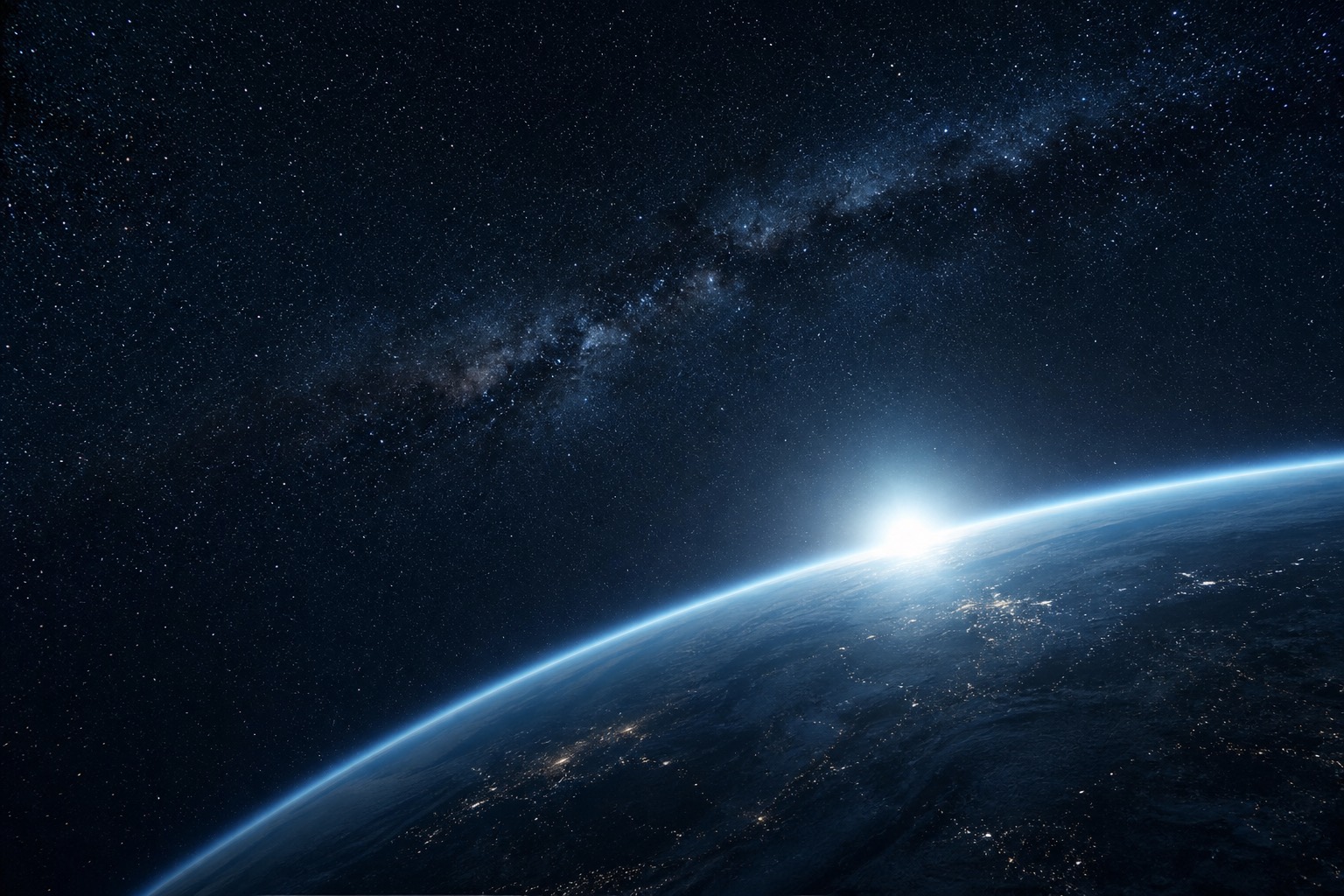 A realistic view of Earth's horizon from space with a bright sunrise and star field